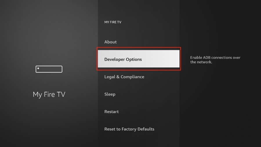 Fire TV-Einstellungsbildschirm mit hervorgehobener Option 'Entwickleroptionen', ein erforderlicher Schritt zur Installation von TiviMate auf Firestick.