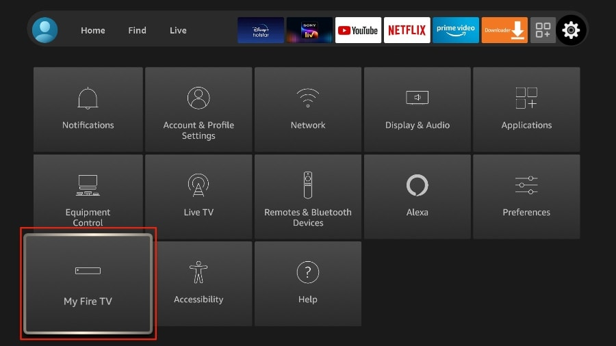 Fire TV-Einstellungsbildschirm mit hervorgehobener Option 'Mein Fire TV', ein Schritt zur Installation von TiviMate auf Firestick.