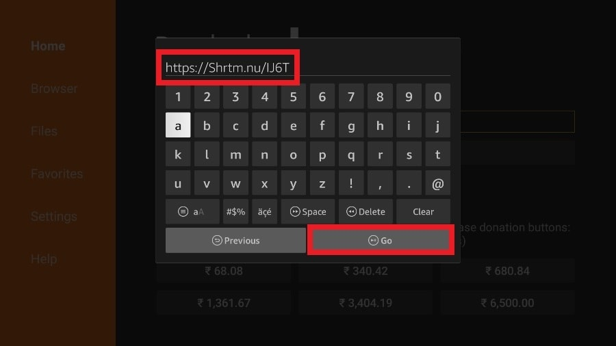 Eingabe der TiviMate-APK-Download-URL in die Downloader-App auf Firestick zur IPTV-Einrichtung.