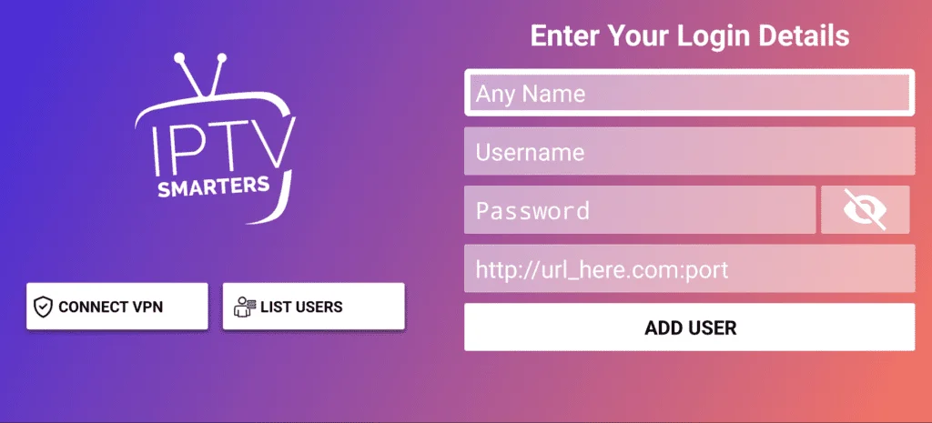 IPTV Smarters Anmeldebildschirm mit Feldern für Benutzername, Passwort und Server-URL zum Zugriff auf Get Xtreme IPTV.