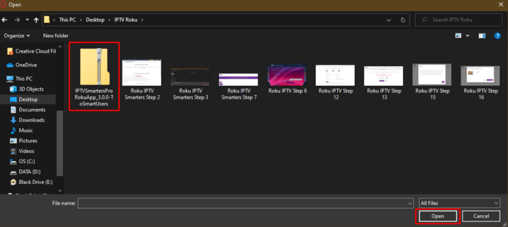 Dateiauswahlfenster mit markierter IPTV Smarters Pro Roku App ZIP-Datei zur Installation.