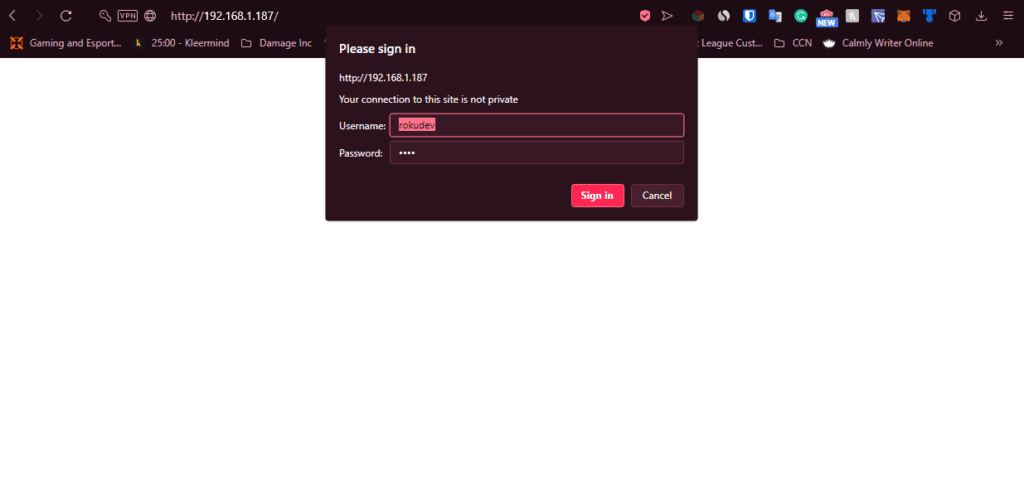 Roku-Web-Login für den Entwicklermodus mit 'rokudev' als Benutzername.