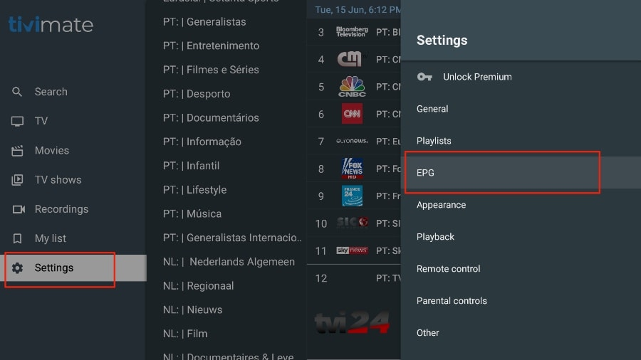 TiviMate IPTV-App-Einstellungsmenü mit der EPG-Option (elektronischer Programmführer) für getxtremeiptv-Nutzer hervorgehoben.