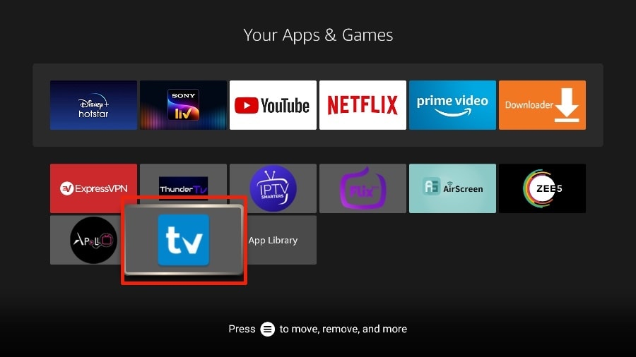 Navigieren Sie zum TiviMate IPTV Player im Firestick-Apps-Menü, wählen Sie ihn jedoch nicht aus. Drücken Sie stattdessen die „Optionen“-Taste auf Ihrer Fernbedienung.