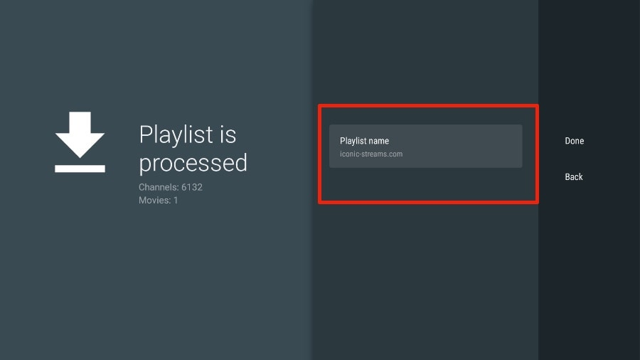 TiviMate auf Firestick zeigt den Bildschirm 'Wiedergabeliste wird verarbeitet' mit der Option, einen Namen für die IPTV-Wiedergabeliste in getxtremeiptv einzugeben.